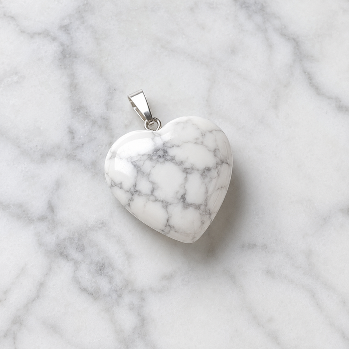 Polished Howlite Crystal Heart Pendant, Genuine Heart Shaped Necklaces