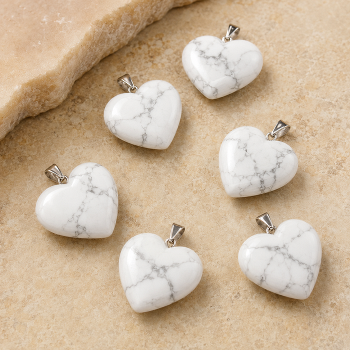 Polished Howlite Crystal Heart Pendant, Genuine Heart Shaped Necklaces