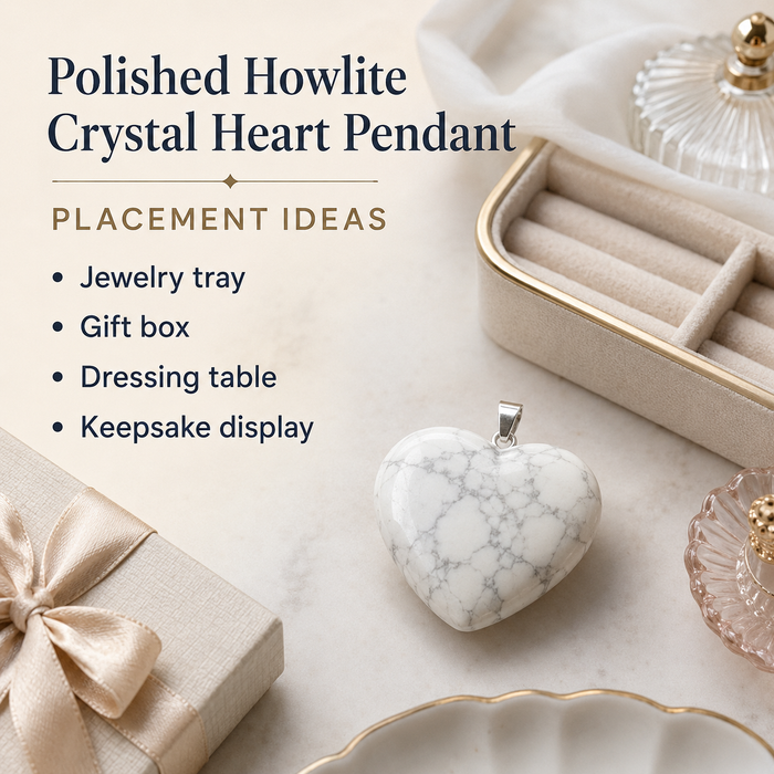 Polished Howlite Crystal Heart Pendant, Genuine Heart Shaped Necklaces