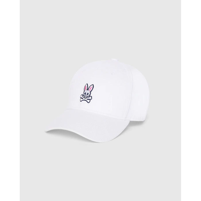 Image 3 : Casquette Psycho Bunny noire présentée sur fond neutre, détail de la visière pré-courbée et de la broderie iconique — Delvale