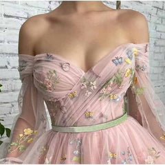 Puffy Sleeve Tulle Prom Dresses Flower Embroidery Formal Evening Party Gowns