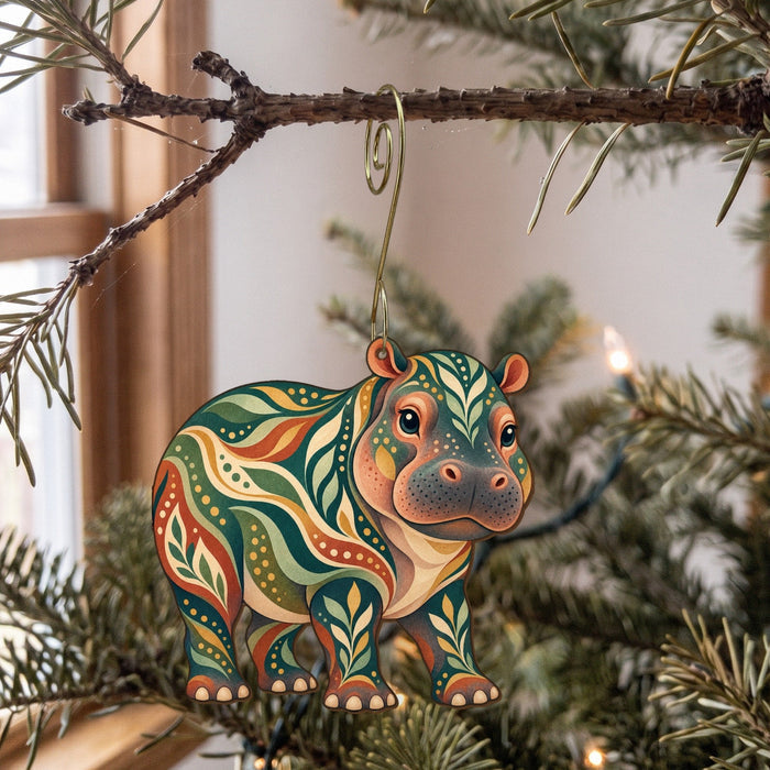 Laser-cut maple wood Pygmy Hippopotamus folk art ornament O371 hanging on a fir branch, made in USA