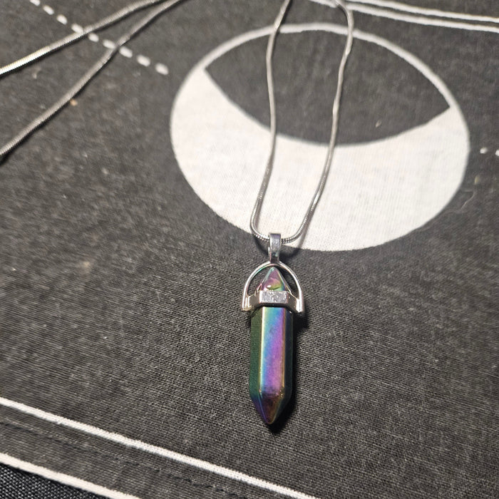 Rainbow Hematite Crystal Point Silver Necklace