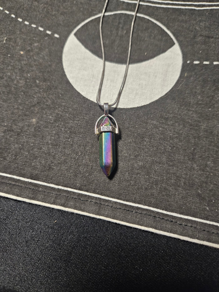 Rainbow Hematite Crystal Point Silver Necklace