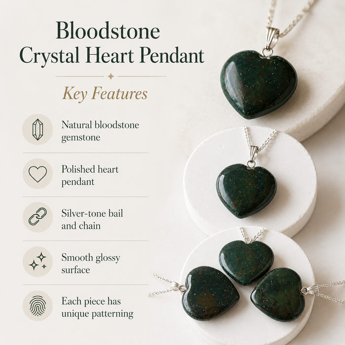 Real Bloodstone Crystal Heart Pendant, Genuine Heart Shaped Necklaces