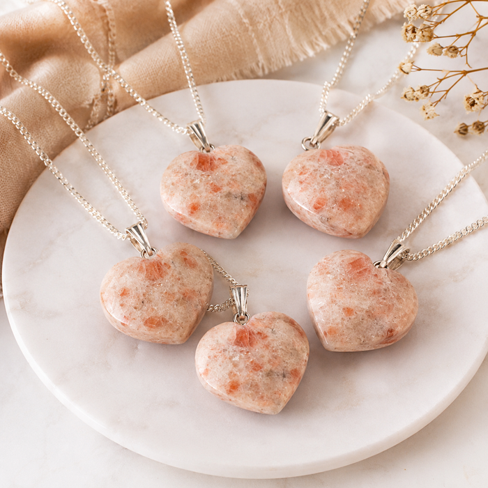 Real Sunstone Crystal Heart Pendant, Genuine Heart Shaped Necklaces