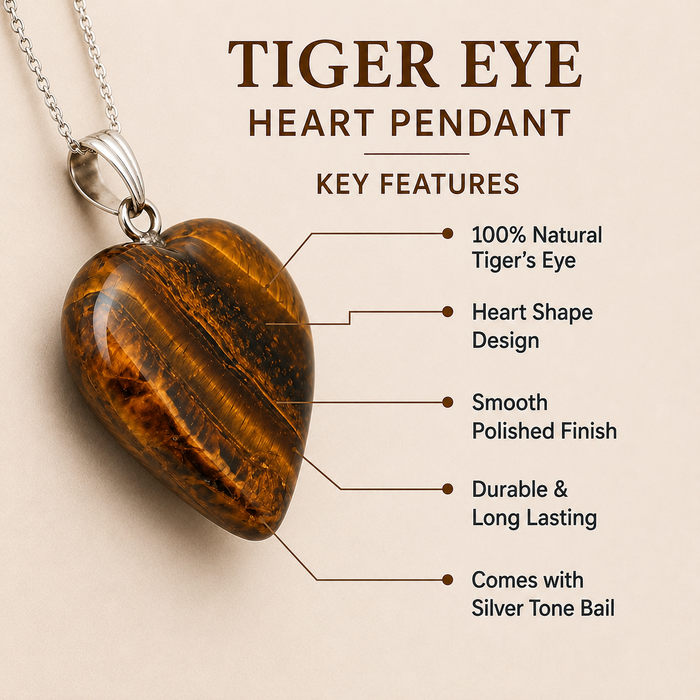 Real Tiger Eye Crystal Heart Pendant, Genuine Heart Shaped Necklaces