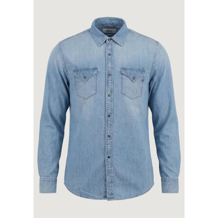 Image 5 : Chemise Replay homme bleu azur, vue trois quarts, style western denim manches longues — Delvale