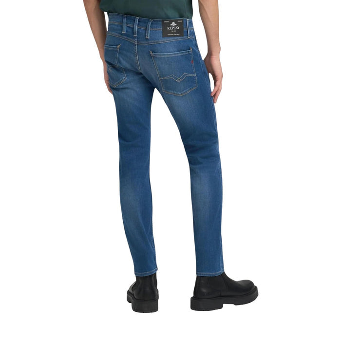 Image 2 : Détail taille et fermeture zip du jean slim Replay homme bleu, coutures contrastées dorées — Delvale