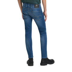 Image 2 : Détail taille et fermeture zip du jean slim Replay homme bleu, coutures contrastées dorées — Delvale