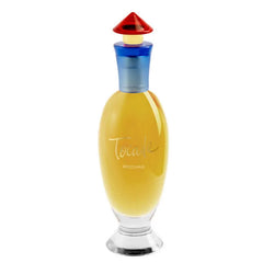 Image 1 : Flacon Rochas Tocade Eau de Toilette Vaporisateur 100ml, design ovale doré avec bouchon tricolore rouge bleu et jaune sur fond blanc — Delvale