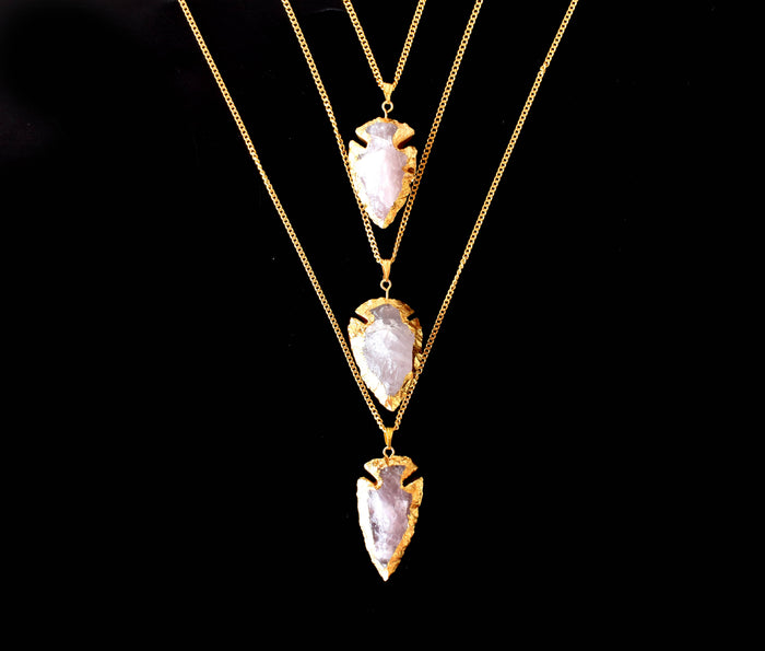 Rose Quartz Arrowheads Pendants, Electroplated Gold Crystals Pendants with Chain