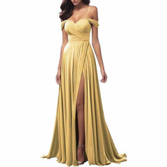Elegant yellow spaghetti strap bridesmaid dresses with a high slit and wrap design for weddings