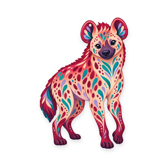 Spotted Hyena folk art ornament O360 on white, laser-cut maple wood, made in USA