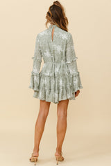 Tamina Long Sleeve Frill Trim Dress Floral Print Sage