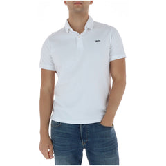 Image 1 : Polo homme Superdry blanc piqué manches courtes, vue de face portée, logo brodé sur la poitrine — Delvale