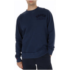 Image 1 : Sweatshirt col rond Superdry homme en coton bleu marine, logo tonal arqué sur la poitrine, vue de face portée — Delvale