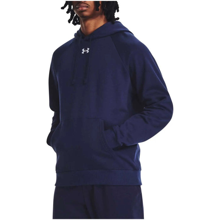 Sweat à capuche Under Armour homme bleu marine coupe ample mains en poche, vue de face porté