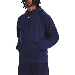 Sweat à capuche Under Armour homme bleu marine coupe ample mains en poche, vue de face porté