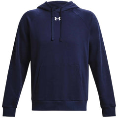 Sweat à capuche Under Armour homme bleu marine logo blanc brodé poitrine poche kangourou, vue de face à plat