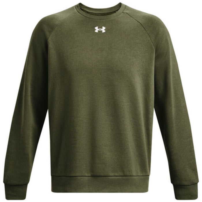 Sweat col rond Under Armour homme vert kaki logo blanc brodé centré poitrine manches raglan, vue de face à plat
