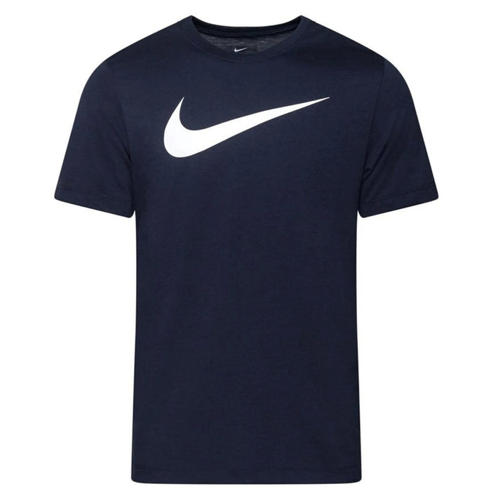 Image 1 : T-shirt Nike homme bleu marine avec grand logo Swoosh blanc imprimé sur la poitrine, vue de face — Delvale