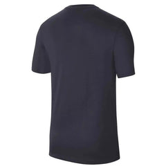 Image 2 : T-shirt Nike homme Swoosh oversize marine, détail de l'encolure ronde et de l'imprimé blanc, vue rapprochée — Delvale
