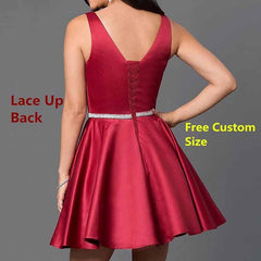 Teens Short Homecoming Dresses Pocket V-Neck Open Back Satin Prom Party Gowns