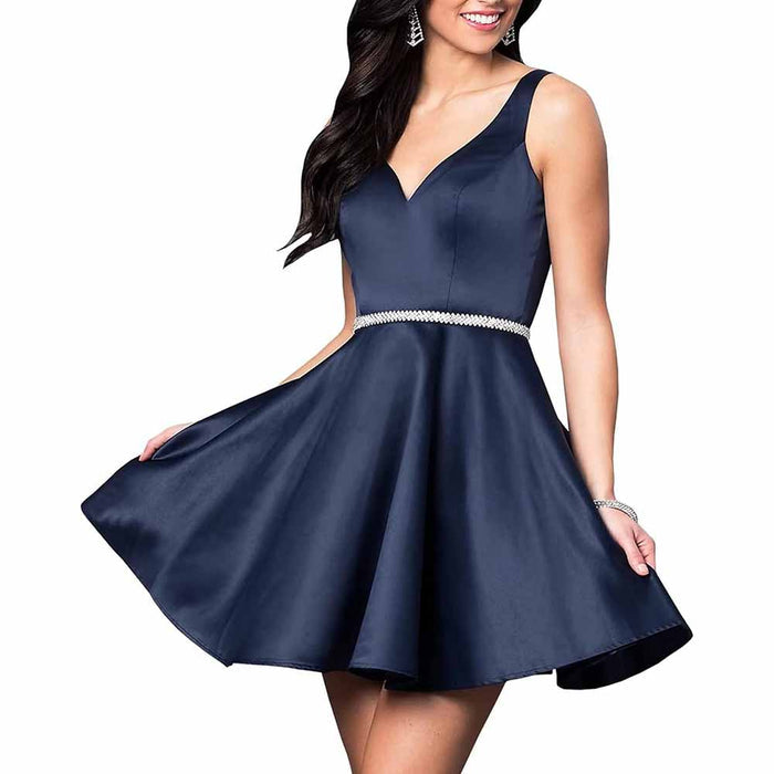 Teens Short Homecoming Dresses Pocket V-Neck Open Back Satin Prom Party Gowns