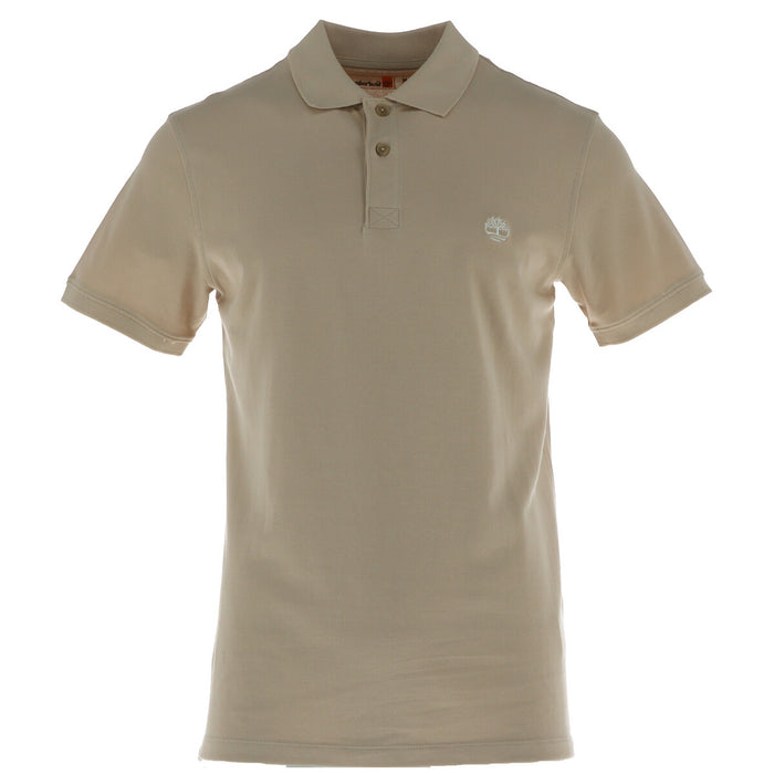 Image 1 : Polo homme Timberland piqué beige, vue de face, col polo 3 boutons et logo arbre brodé poitrine gauche — Delvale