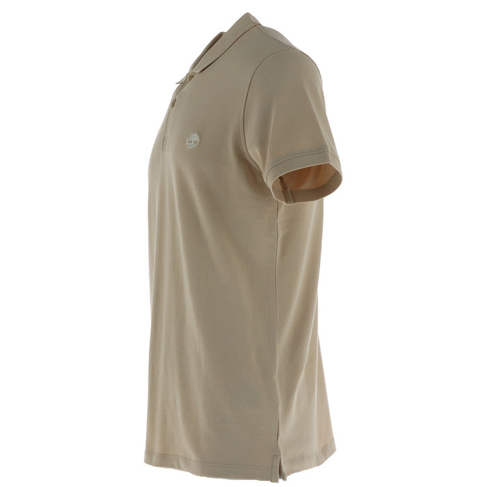 Image 3 : Détail col et patte de boutonnage polo Timberland homme beige, étiquette orange visible au col — Delvale