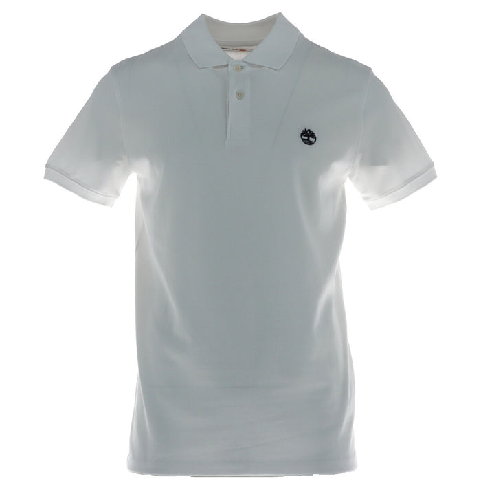 Image 1 : Polo homme Timberland blanc à manches courtes avec logo arbre brodé marine sur la poitrine gauche, vue de face — Delvale