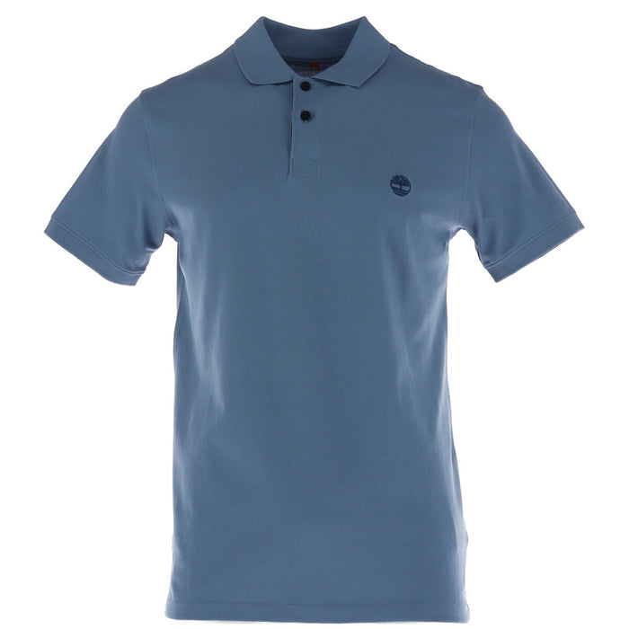 Image 1 : Polo homme Timberland en piqué coton bleu azur, vue de face avec logo arbre brodé sur la poitrine gauche et col deux boutons — Delvale