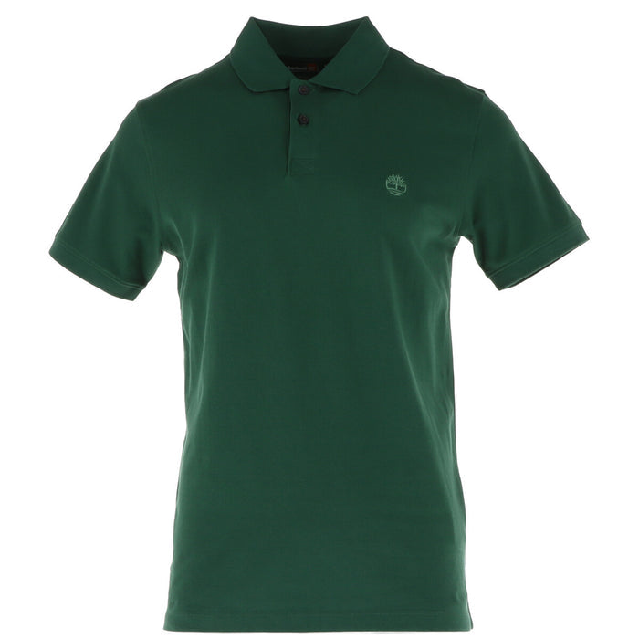 Image 1 : Polo homme Timberland manches courtes en piqué de coton vert sapin avec logo arbre brodé ton sur ton sur la poitrine, vue de face — Delvale