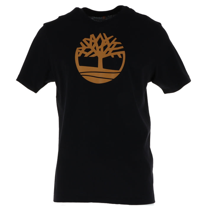 Image 1 : T-shirt Timberland homme noir avec logo arbre imprimé doré sur la poitrine, vue de face — Delvale