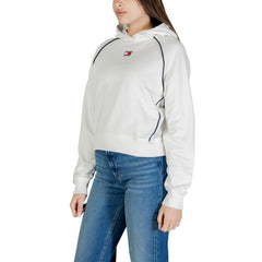 Image 3 : Vue trois quarts du hoodie femme Tommy Hilfiger Jeans blanc, coutures raglan contrastées marines visibles — Delvale