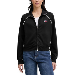 Image 1 : Sweat zippé Tommy Hilfiger Jeans femme noir avec liserés blancs et col montant, vue de face — Delvale