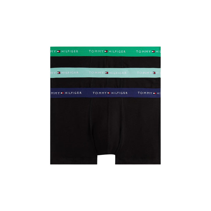 Image 1 : Lot de 3 boxers Tommy Hilfiger homme noirs avec ceintures logotées verte, menthe et bleu marine, vue de face — Delvale