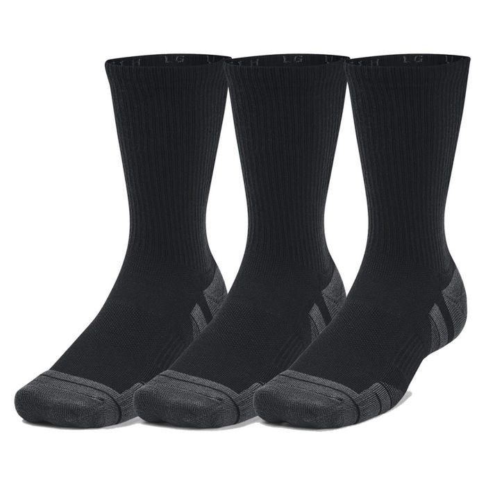 Image 1 : Lot de 3 paires de chaussettes Under Armour Performance Crew noires avec renforts gris anthracite au talon et à l'orteil, vue de face — Delvale