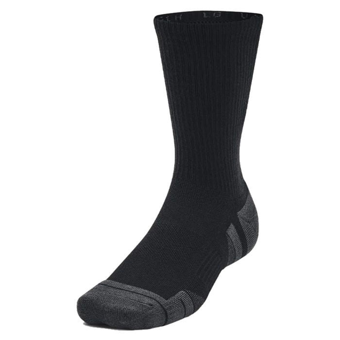 Image 3 : Zoom sur la zone de renfort gris anthracite au talon et à l'orteil des chaussettes Under Armour Crew noires — Delvale