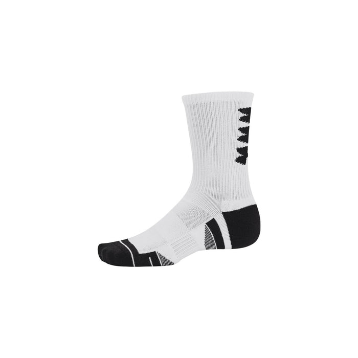 Image 2 : Détail des chaussettes Under Armour crew avec bande noire et logo UA, vue latérale — Delvale