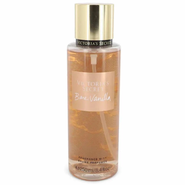 Image 1 : Flacon transparent Victoria's Secret Bare Vanilla Fragrance Mist 250ml avec bouchon doré et étiquette rose poudré, fond blanc — Delvale