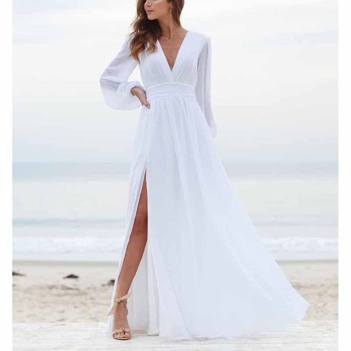 Women Long Sleeve Bridesmaid Dresses Slit Long Pleated Formal Evening Party Gown