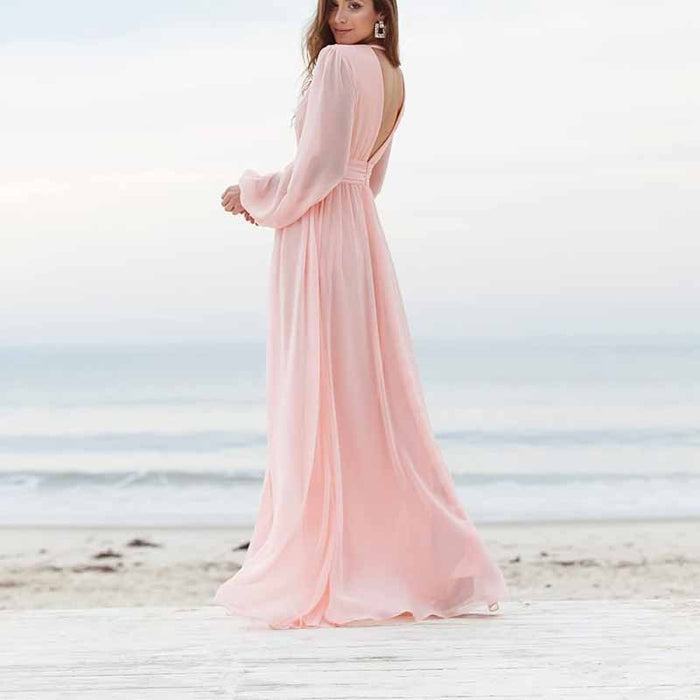 Women Long Sleeve Bridesmaid Dresses Slit Long Pleated Formal Evening Party Gown