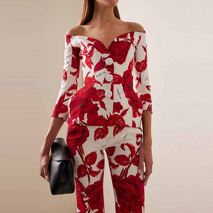Women One Shoulder Printed Cropped Top and Pants Suit Printing Two Pieces Formal Set