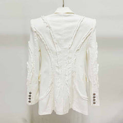 Women White Denim Pantsuits Thickened Shoulder Pad with Tassels Jacket, Jeans Suit