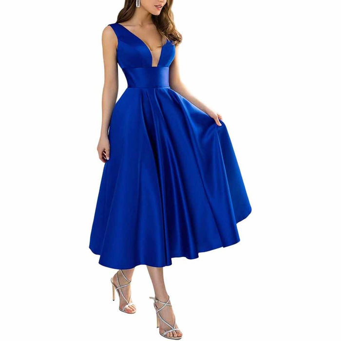 Women's Satin Bridesmaid Dresses A-line Tea Length Formal Evening Dress with Pockets
