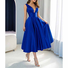 Women's Satin Bridesmaid Dresses A-line Tea Length Formal Evening Dress with Pockets