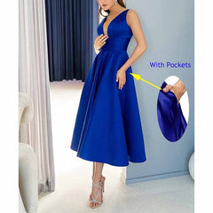 Women's Satin Bridesmaid Dresses A-line Tea Length Formal Evening Dress with Pockets