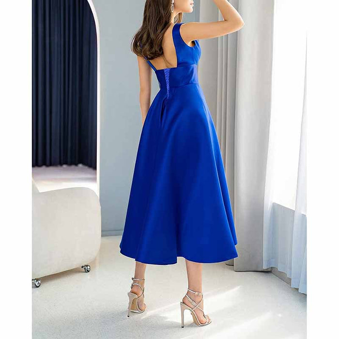 Women's Satin Bridesmaid Dresses A-line Tea Length Formal Evening Dress with Pockets